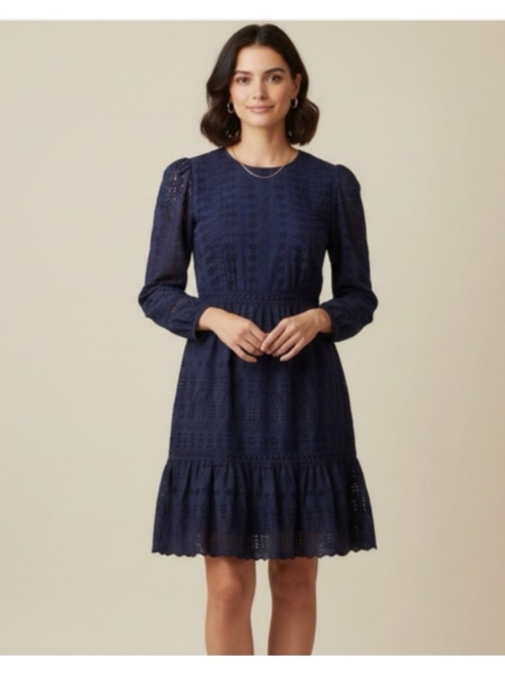 J.Crew Navy Blue Eyelet Lace Flutter Hem Dress Cotton Boho Chic Mini Romantic